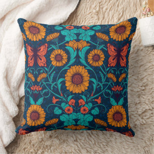 Art Nouveau daisies in blauw en geel Kussen