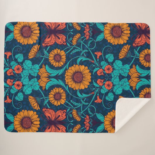Art Nouveau daisies in blauw en geel Sherpa Deken (Voorkant (horizontaal))