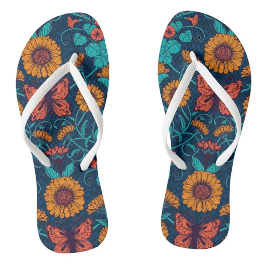 Art Nouveau daisies in blauw en geel Teenslippers (Voetbed)