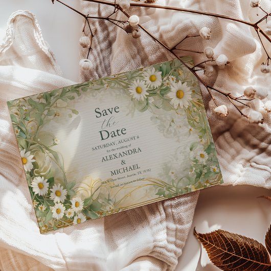Art Nouveau Daisies Ivoor Groen Huwelijk Save The Save The Date