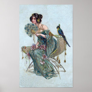 Art Nouveau Damesfiguur & Blauwe Papegaai Kunst Poster