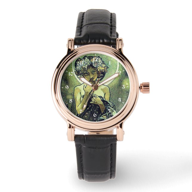  Art Nouveau De Maan door Mucha Horloge (Voorkant)