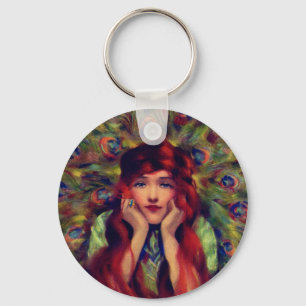 Art nouveau deco vrouw pauw veer elegant sleutelhanger