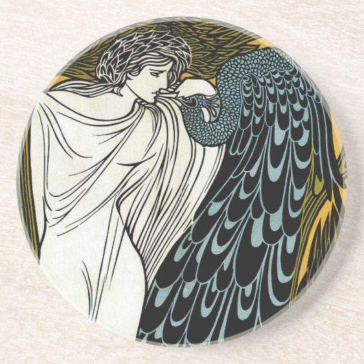 Art Nouveau Deze Kus, Vrouw met Peacock Zandsteen Onderzetter (Voorkant)