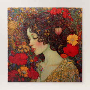 Art Nouveau Een vrouw temidden van rode en gouden Legpuzzel
