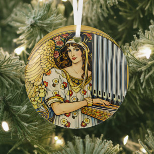 Art Nouveau Engel Orgelspeler Vintage Muziek Glas Ornament
