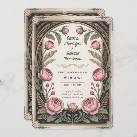 Art Nouveau Erfgoed Bloemige Bruiloft Zwart Goud Kaart (Voorkant / Achterkant)