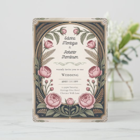 Art Nouveau Erfgoed Bloemige Bruiloft Zwart Goud Kaart (Staand voorkant)