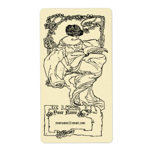 Art Nouveau Ex Libris Girl & Book on Roos Sjabloon Etiket