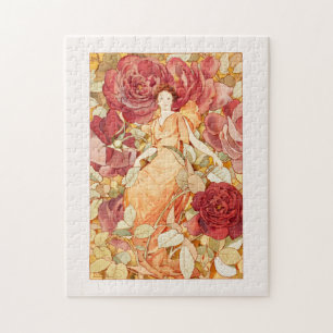 Art Nouveau Fairy met Rode en Oranje Rozen Legpuzzel