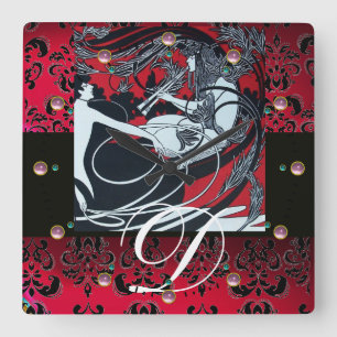 ART NOUVEAU FAUN Red Burgundy, Black Damask Vierkante Klok