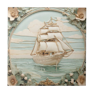 Art Nouveau Faux Relief Antiek Zeilschip Tegeltje