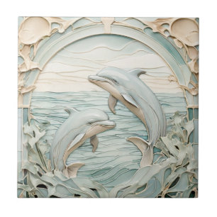 Art Nouveau Faux Relief Dolfijnen Mint Blauw & Wit Tegeltje