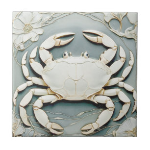 Art Nouveau Faux Relief Dusty Blue Ocean Zee Crab Tegeltje