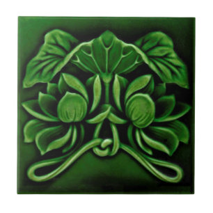 Art Nouveau Faux Relief Floral Majolica Dk Green Tegeltje