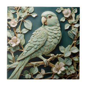 Art Nouveau Faux Relief L Parakeet Bird Blauwgroen Tegeltje