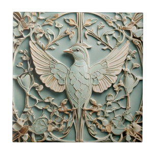 Art Nouveau Faux Relief Left Bird Pastel Mint Tegeltje