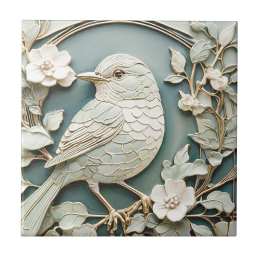 Art Nouveau Faux Relief Links Tegenover Wren Bird Tegeltje (Voorkant)