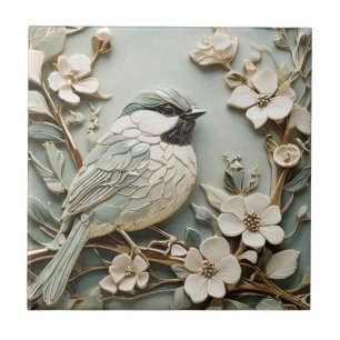 Art Nouveau Faux Relief Right Chickadee Bird Mint Tegeltje