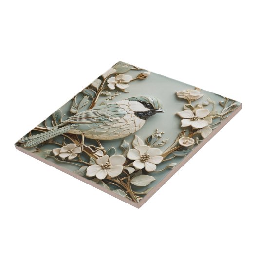 Art Nouveau Faux Relief Right Chickadee Bird Mint Tegeltje (Zijkant)