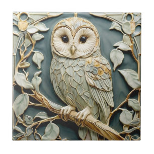 Art Nouveau Faux Relief Tawny Uil Woodland Bird Tegeltje