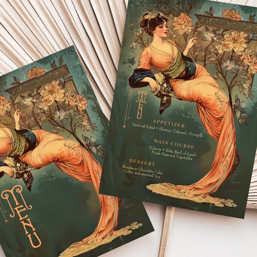Art Nouveau Floral Goddess Menu Carte Peach Turquo