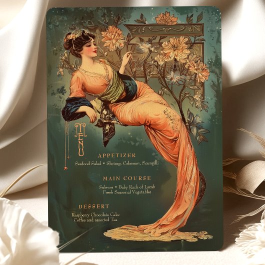 Art Nouveau Floral Goddess Menu Carte Peach Turquo