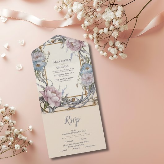  Art Nouveau Floral Paarse bruiloft All In One Uitnodiging