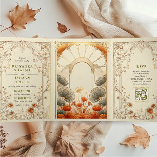 Art Nouveau Floral Unieke QR-code Alles in één Drieluik Uitnodiging