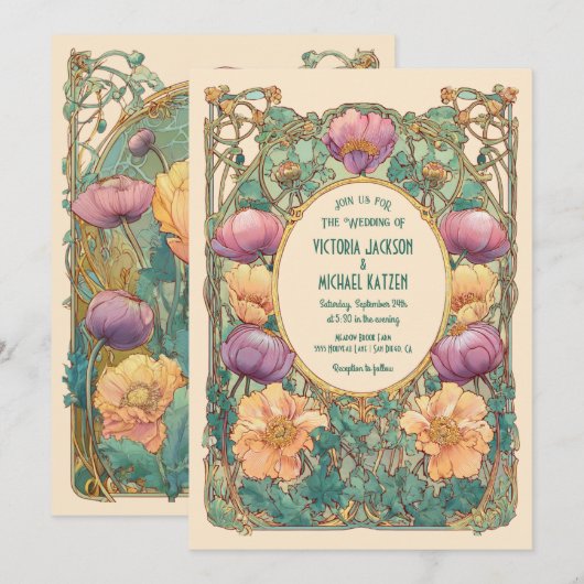 Art Nouveau Floral Wedding Invitation (Devant / Derrière)