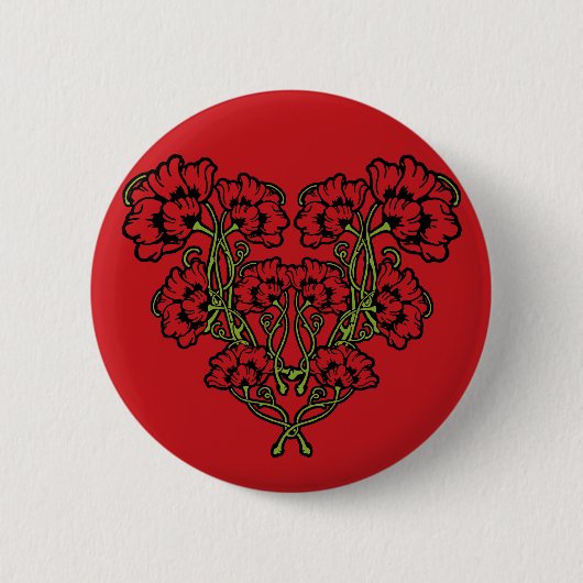 Art Nouveau Flower Heart Red Pinback Button (Voorkant)
