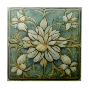 Art Nouveau Flowers on Muted French Pastel Blue Tegeltje