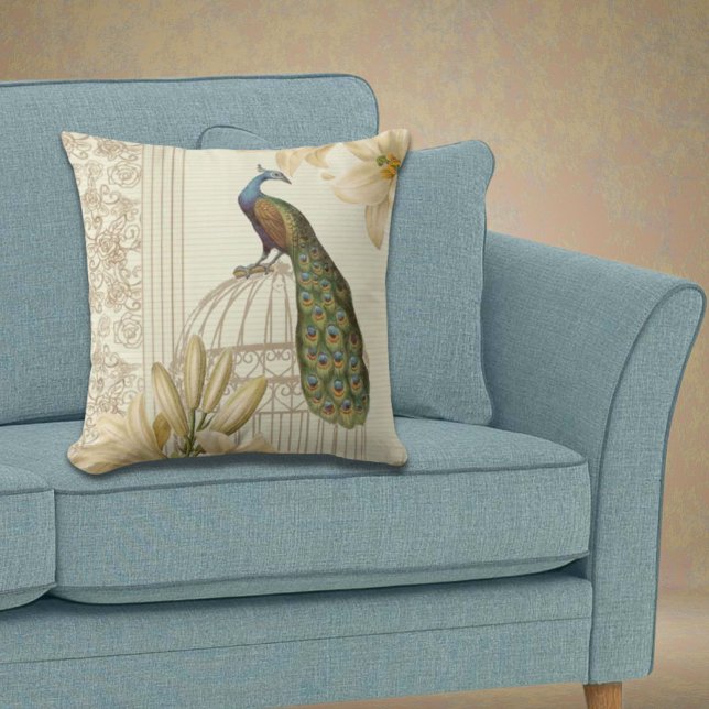 art nouveau frans lily  birdcage peace ock kussen (art nouveau french lily vintage birdcage peacock throw pillow)