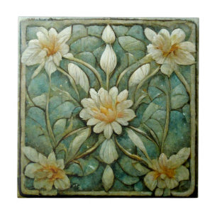 Art Nouveau, Frans White Floral, Prachtige Blauw, Tegeltje