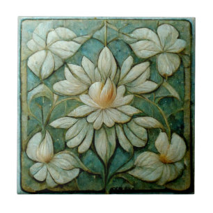 Art Nouveau French White Floral, Blue  Art Tegeltje