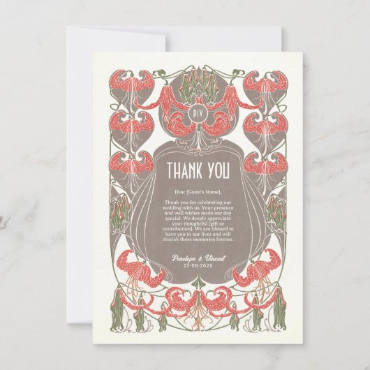 Art Nouveau Fuchsia Elegantie Dank u Bedankkaart (Voorkant)