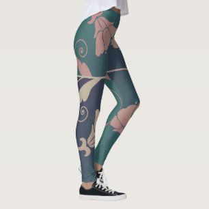 Art nouveau fuschia flower blauw groen roze leggings