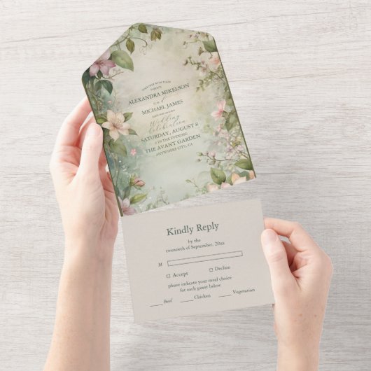 Art Nouveau Geïnspireerd Bloemensymfonie Bruiloft All In One Uitnodiging (Afscheurbaar)