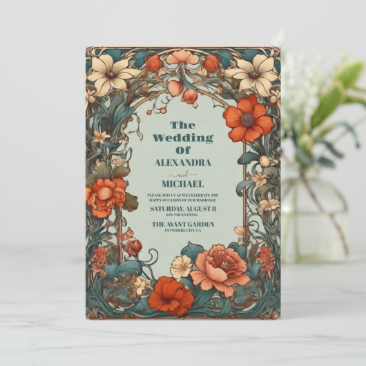 Art Nouveau Geïnspireerd Bloemensymfonie Bruiloft Kaart (Staand voorkant)