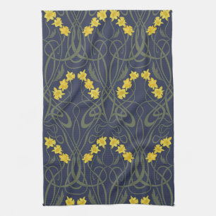 Art Nouveau Gele Narcissen en Stelen Blauw Theedoek