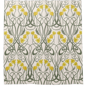 Art Nouveau Gele Narcissen en Stelen Crème Douchegordijn
