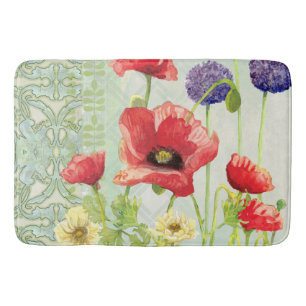 Art Nouveau Geometric Pattern Poppy Flowers Bath Badmat