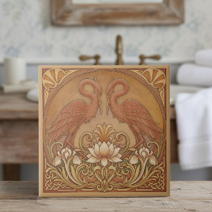 Art Nouveau gespiegelde kraanvogelPat#9 Terra Cott Tegeltje