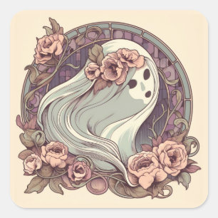  Art Nouveau Ghost met Flowers Spooky Vierkante Sticker