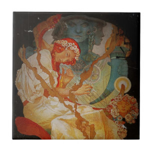 Art Nouveau Girl met Harp 1903 Tegeltje