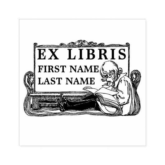 Art Nouveau Girl Reading Book Ex Libris Sjabloon Rubberstempel (Afrduk)