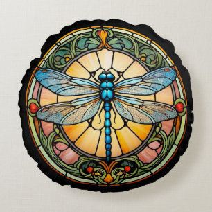 Art Nouveau Glas-in-lood Libelle Rond Kussen