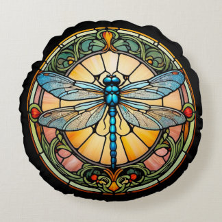 Art Nouveau Glas-in-lood Libelle Rond Kussen