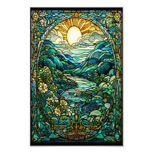 Art Nouveau Glas in lood Sunrise Landscape Art Foto Afdruk
