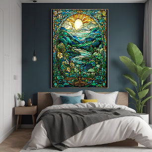 Art Nouveau Glas in lood Sunrise Landscape Art Poster